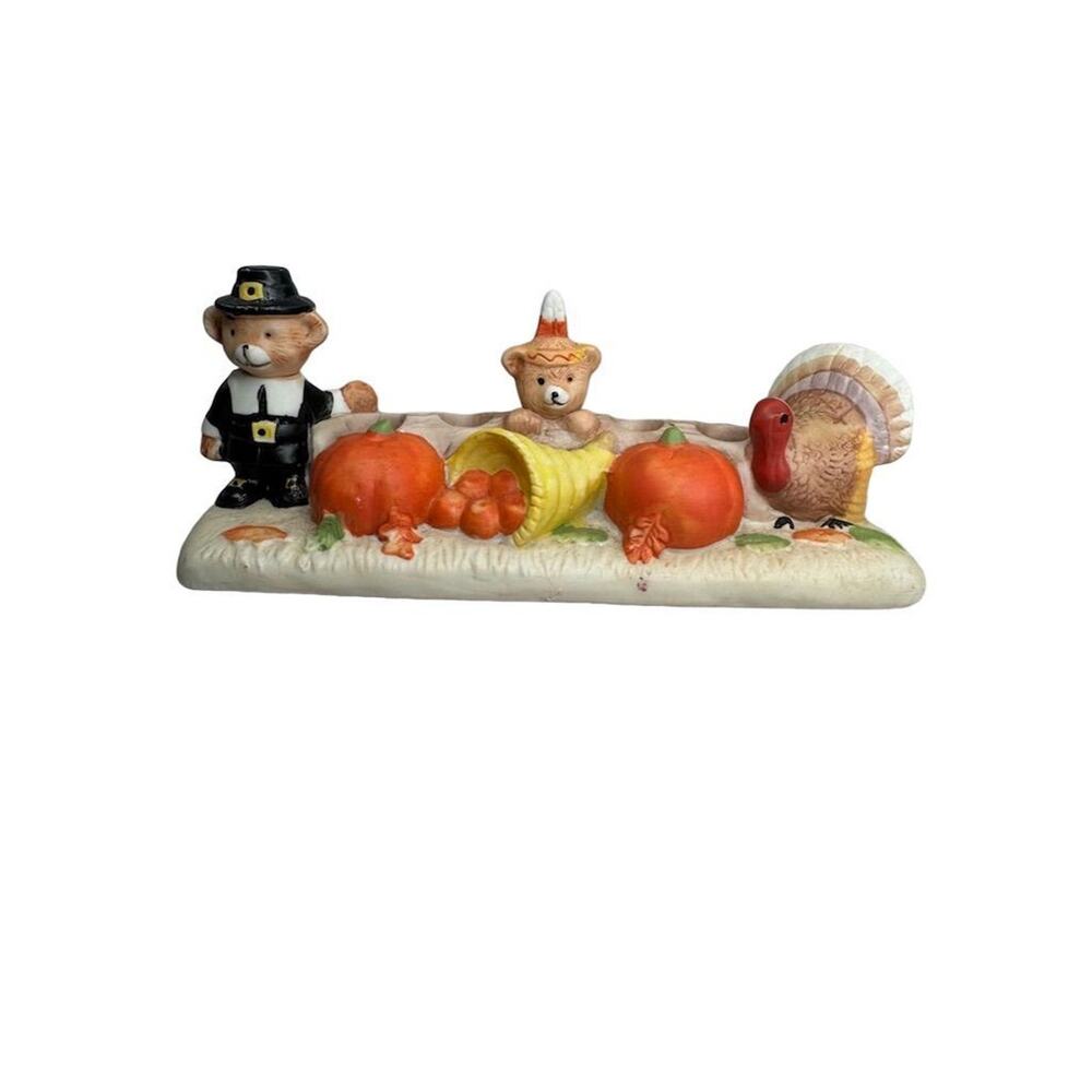 Vintage Thanksgiving Bear & Turkey Ceramic Candleholder Centerpiece